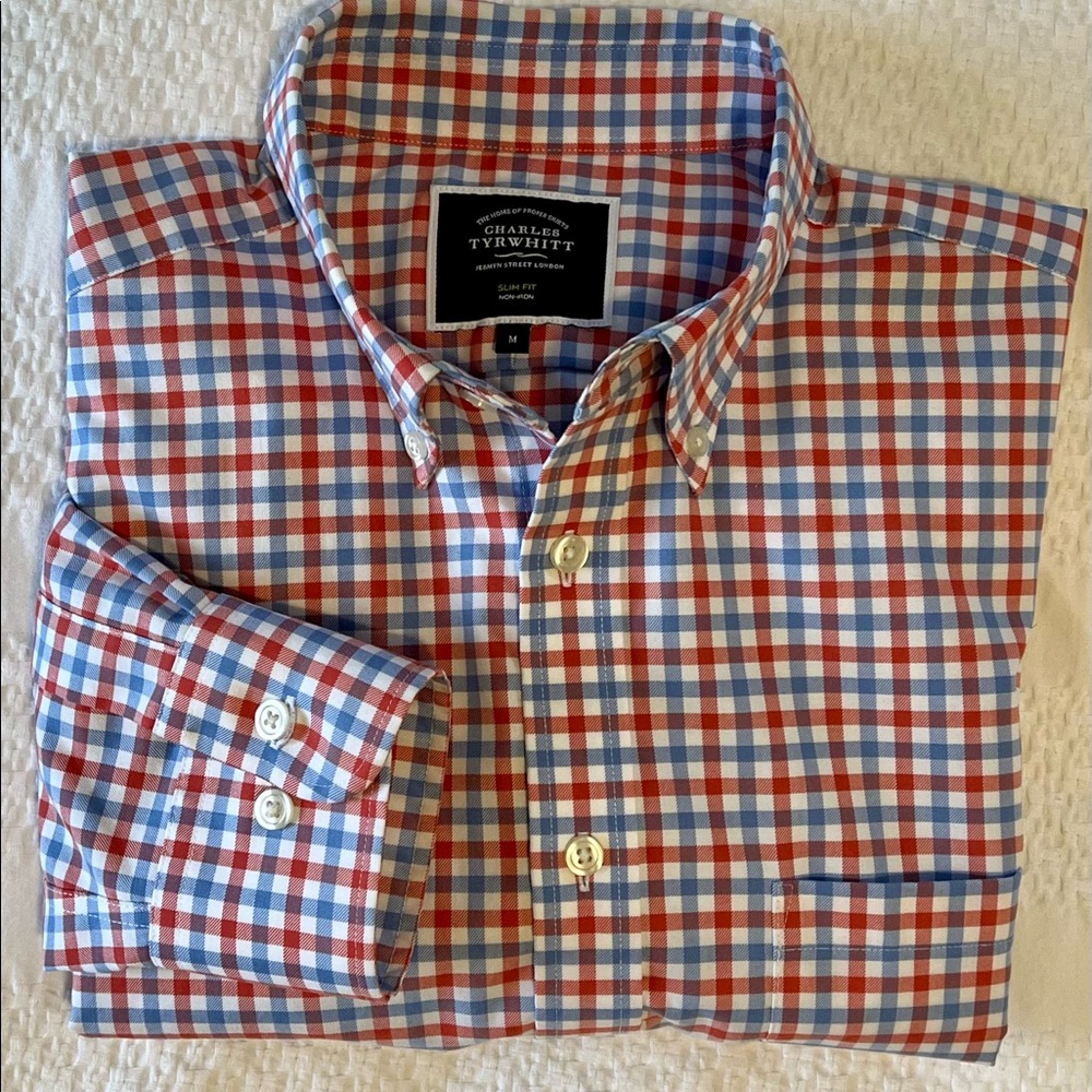 Charles Tyrwhitt Button-Down Collar Non-Iron Check Shirt - Red and Blue Check